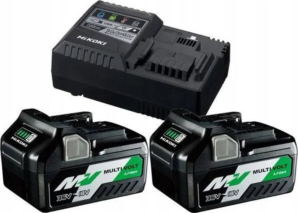 A black battery charger and two black and green batteries are displayed against a white background.