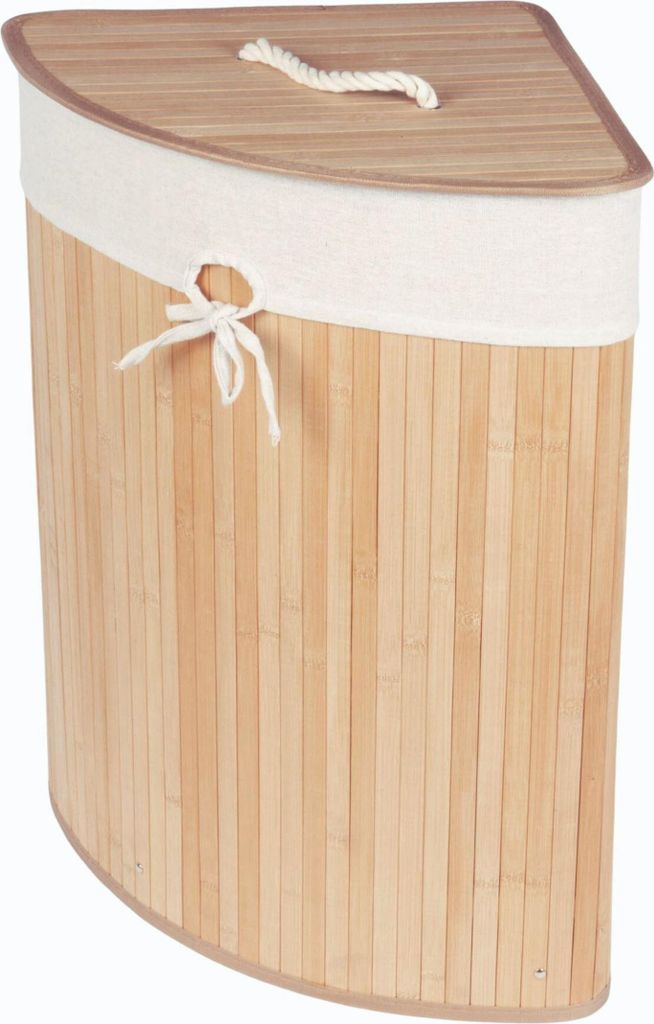 A corner laundry basket made of bamboo with a fabric liner and lid.