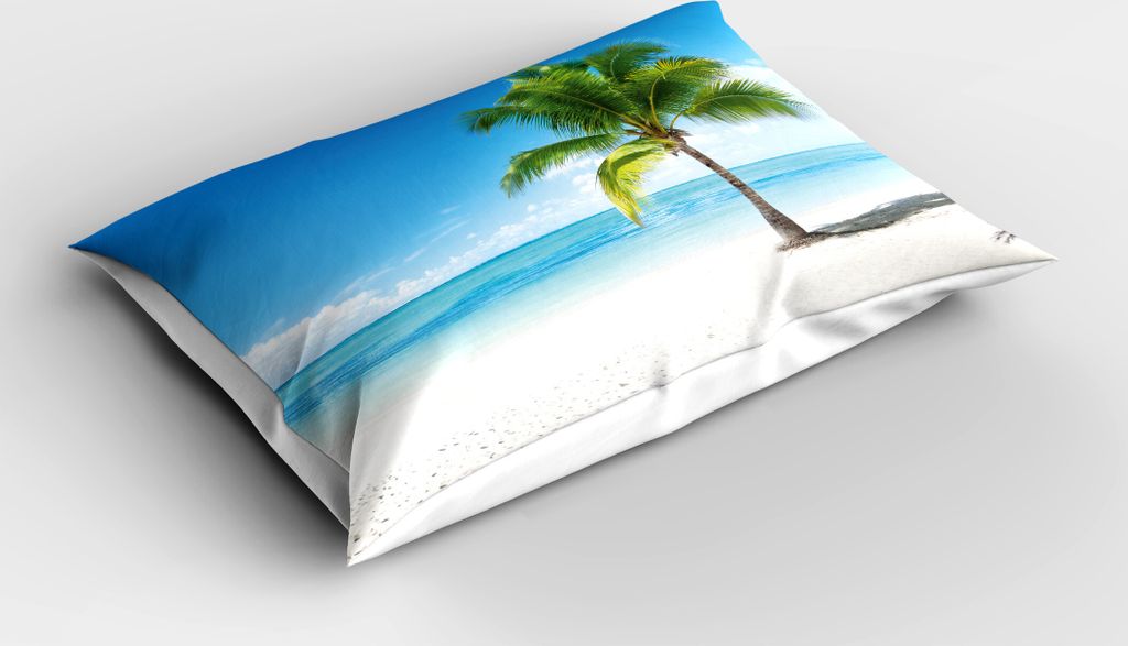 ABAKUHAUS Landschaft Kopfkissenbezug, Karibische Malediven-Strand-Insel-Seeozean-Palmen-Grafik-Druck, 40x80 cm, Sky Blue Grün und Weiß