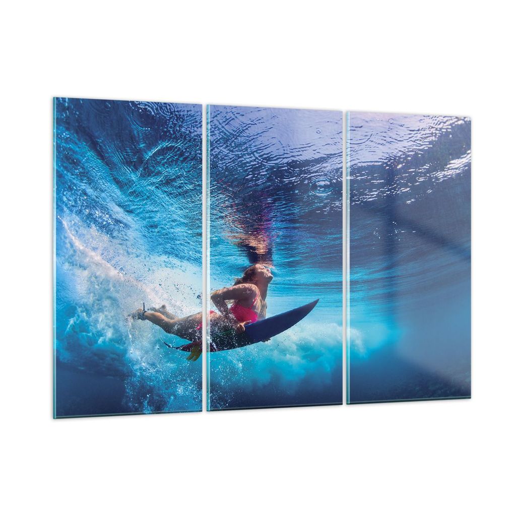 Bilder auf glas - 3 Teile - Surfen Frau Unterwasser - 165x110cm - Glasbilder - Wandbilder - Bilder - zum Aufhängen bereit - Wanddekoration aus Gla...