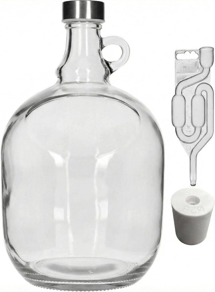 Gärballon 3 L – Glasballon mit Gärröhrchen & Gummikorken, Metallverschluss, ideal für Wein, Bier, Cider, Likör, Fermentation