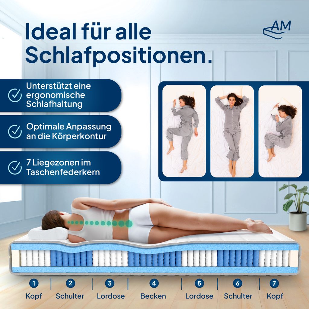 AM Qualitätsmatratzen | 1000 Federn 7-Zonen Taschenfederkernmatratze - 105x190 cm - H1 | Tonnentaschenfederkernmatratze | 105/190 | Federkernmatra...