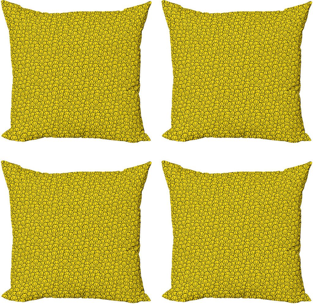 ABAKUHAUS Schwarz und Gelb Kissenbezug Set (4 Stück), Smiling Faces, Moderner Doppelseitiger Digitaldruck, 60 cm x 60 cm, Gelb und Schwarz
