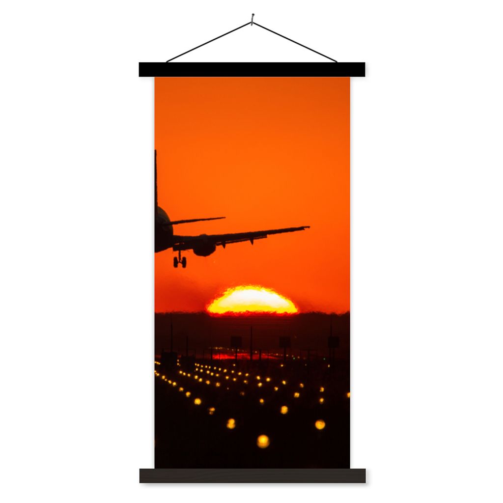 MuchoWow Textilposter Sonnenuntergang - Flugzeug - Orange - Sonne 60x120 cm mit schwarzem Rahmen - Magnete