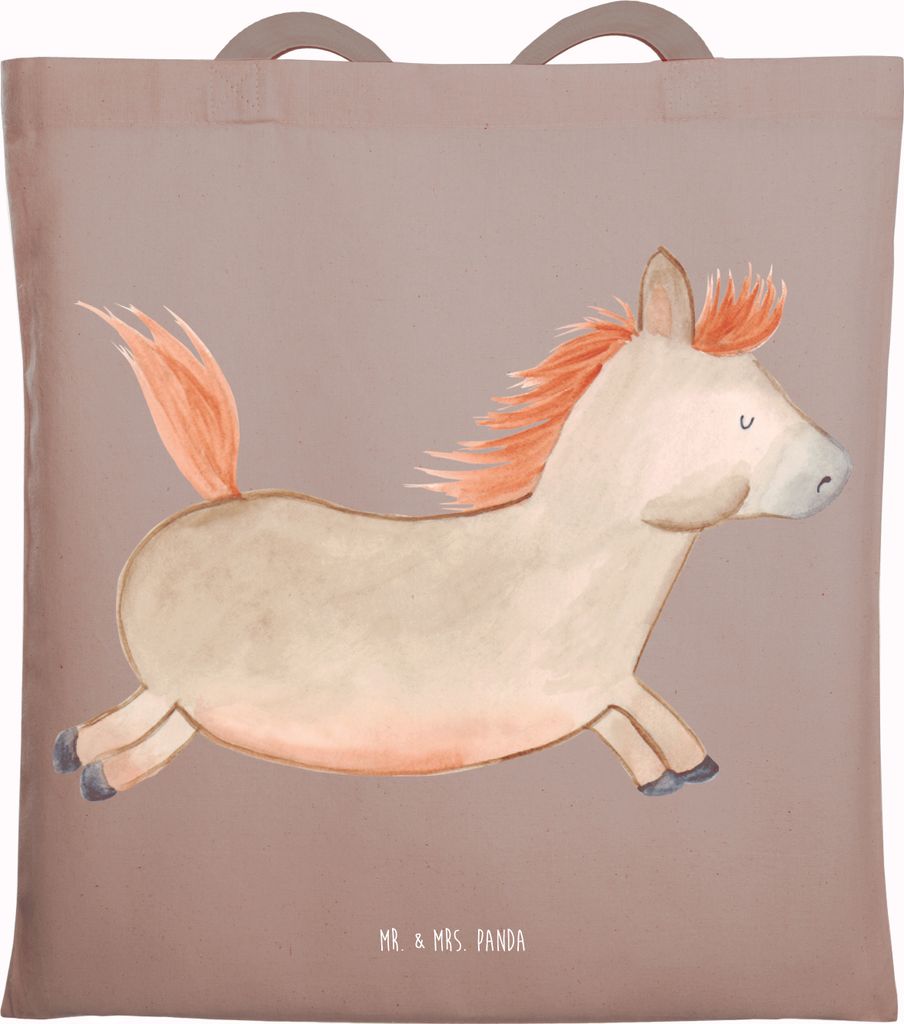 Mr. & Mrs. Panda Schultasche Pferd Springen - Braun Pastell - Geschenk, Reiten, Pferde, Beutel, Bauernhof, Tote Bag, Tasche, Stall, Pferdestall, St...
