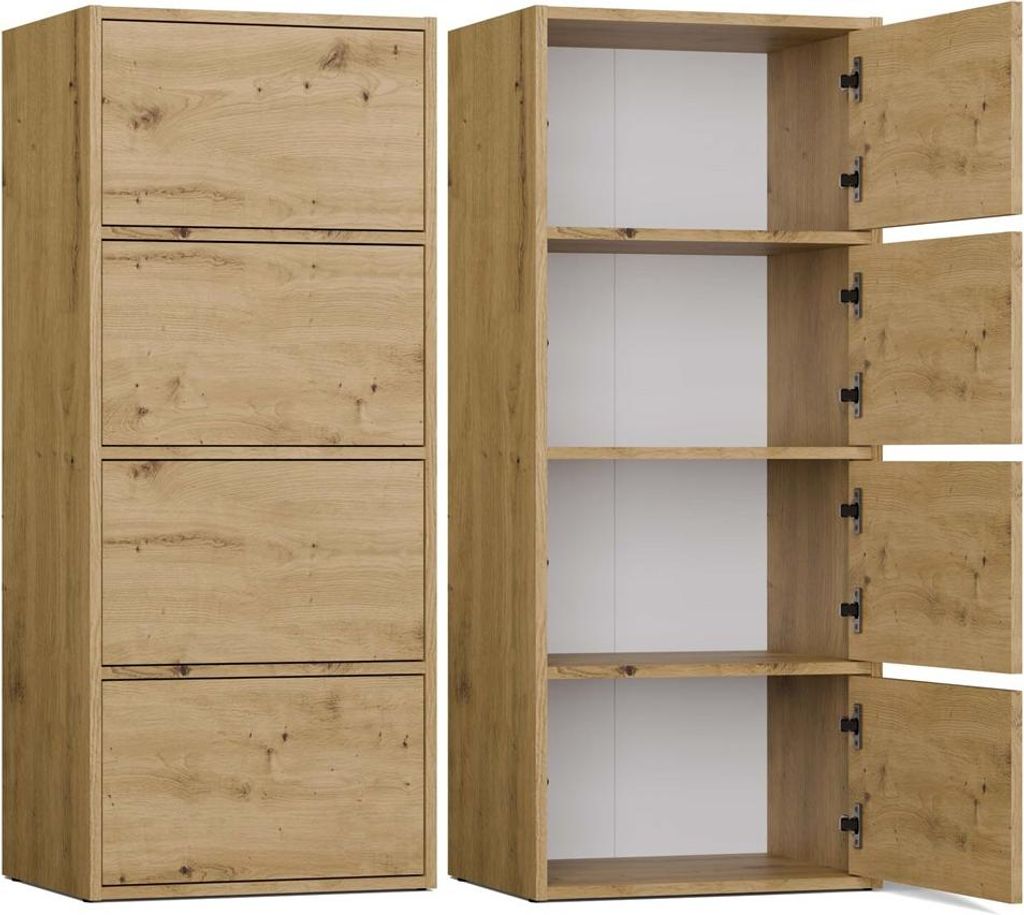 A wooden cabinet with multiple shelves and drawers, shown from the front.