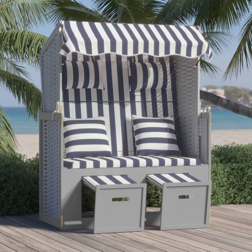 Strandkorb mit Kissen Poly Rattan und Massivholz Blau & Weiß , Gartenliegen Design 2024