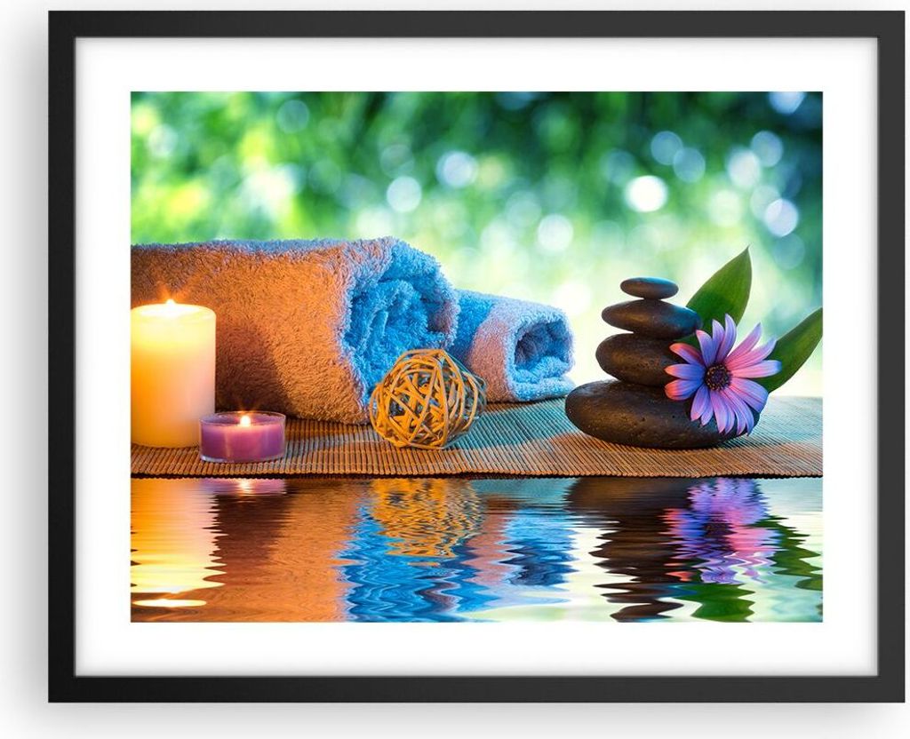 Gerahmtes Poster - Schwarzer Rahmen - Natur Entspannung Spa Kerzen - 50x40 cm - Wand Bild - Wanddeko - Wandbilder - Wandposter - Bilderrahmen - Bil...