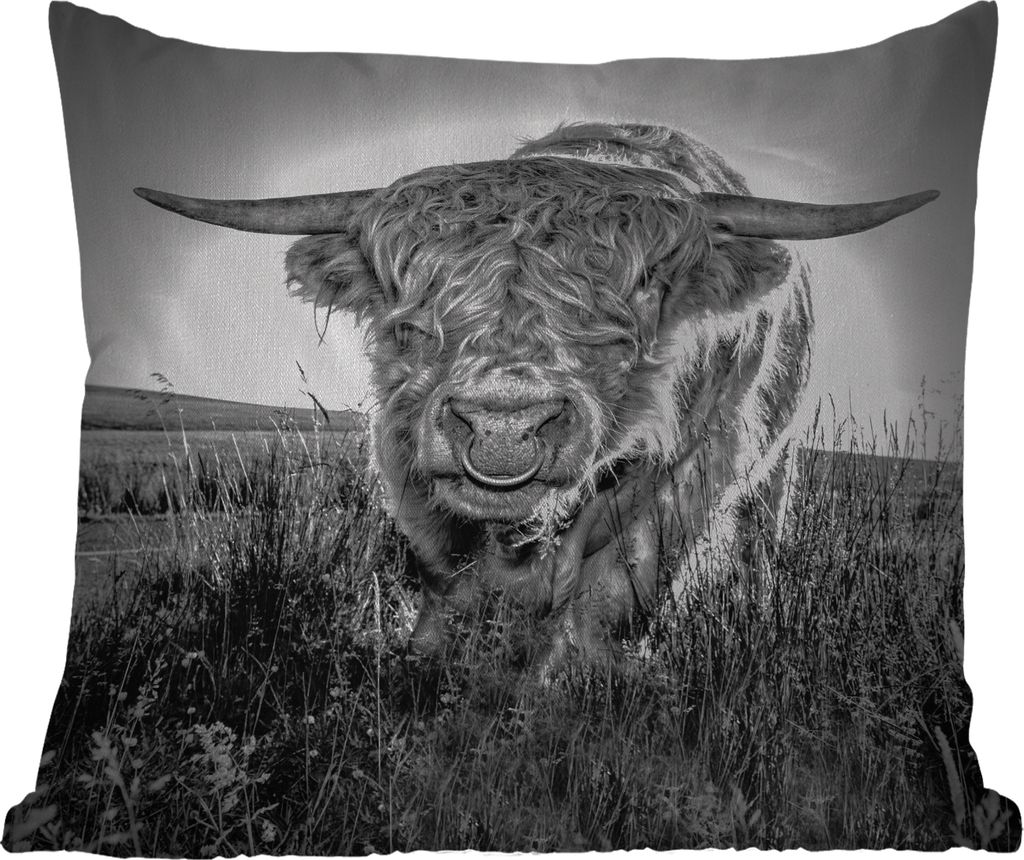 MuchoWow Outdoor Kissen - Schottisches Hochlandrind - Schwarz und Weiß - 45x45 cm - Wetterfest - Lounge Kissen - Fotokissen - Dekoratives Kissen