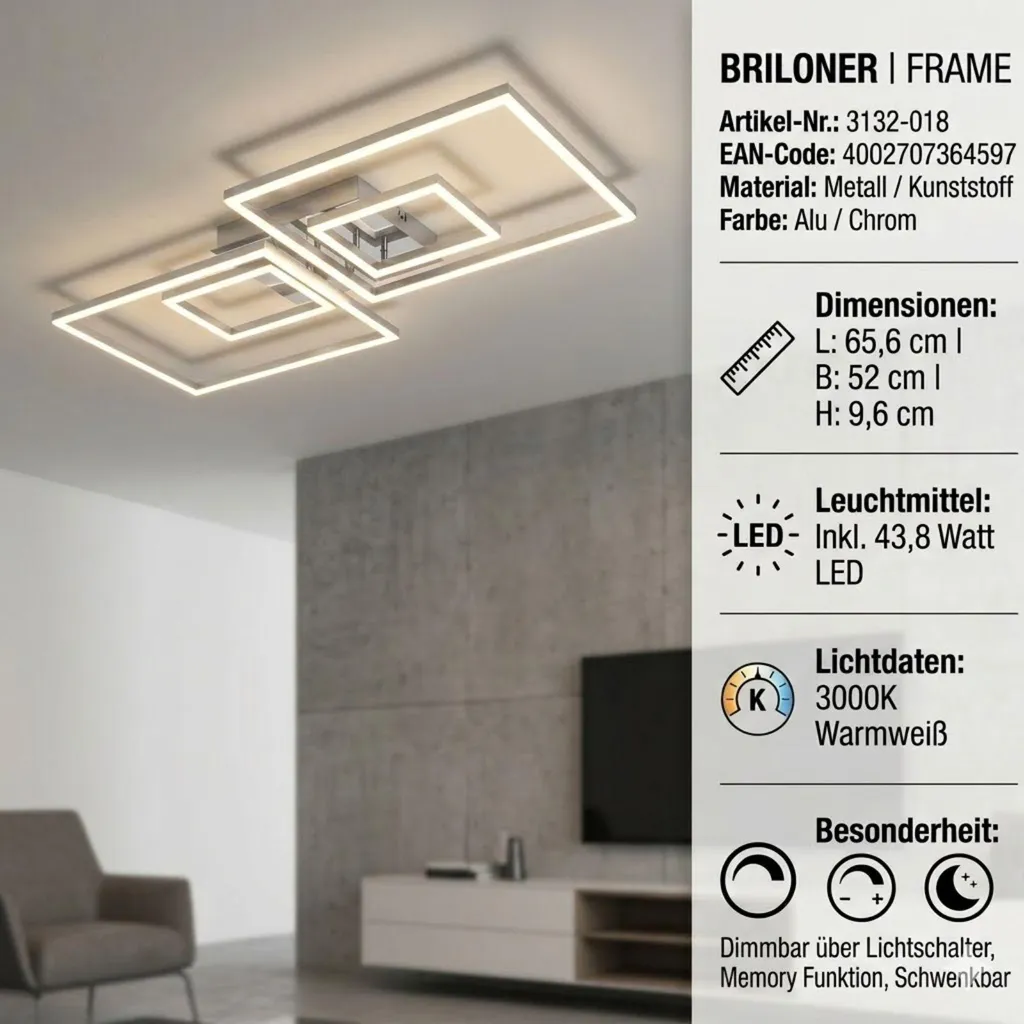 Plafonnier LED salon moderne Briloner Frame 45W éclairage puissant - 10