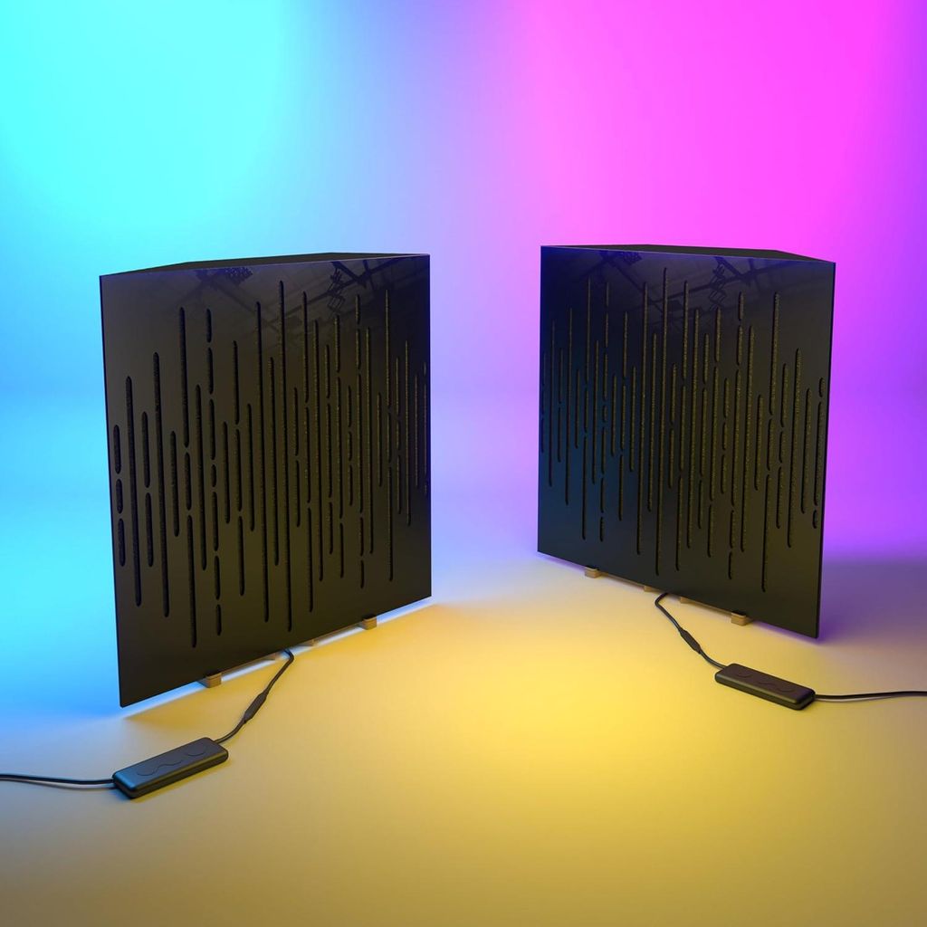2er-Pack Akustik-Bassfalle "WAVE" mit RGB-Schreibtischlampe| Mobiler Ständer mit LED-Tischfuß |Für Podcast-Studios|50x50x15cm|Schwarzer Kunststoff