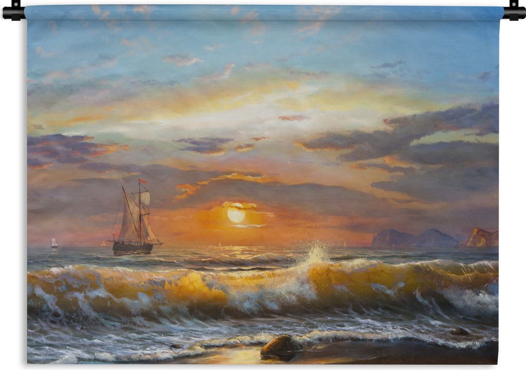 MuchoWow Wandteppich Wandbehang Malerei - Wasser - Segelboot - Ölfarbe 90x67.5 cm Tapisserie Dekoration Wandtuch - Fototeppich - Wand-Skulpturen