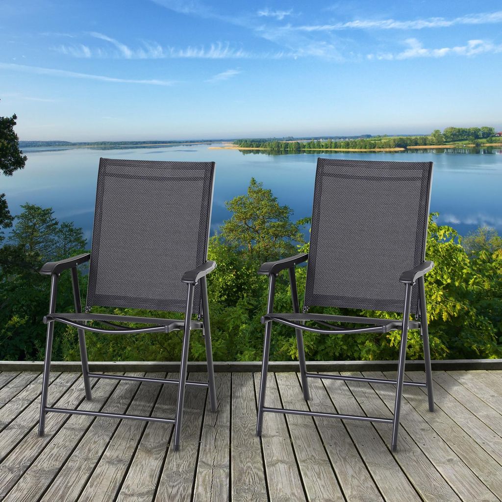 Klappstuhl mit Armlehne 2er Set, Campingstuhl Angelstuhl klappbar Texteline Metall, Schwarz | 58 x 64 x 94 cm | bis 110 kg | pulverbeschichtet