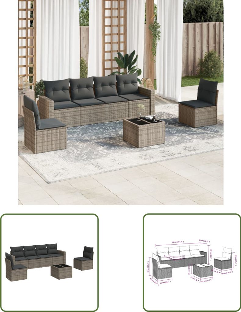 The Living Store 7-tlg. Garten-Sofagarnitur mit Kissen Grau Poly Rattan