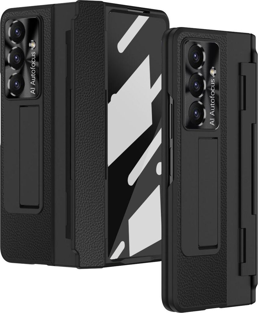 Hülle für Samsung Galaxy Z Fold 7 mit Displayschutz & Objektivschutz Litschi Ständer Schutzhülle Schwarz