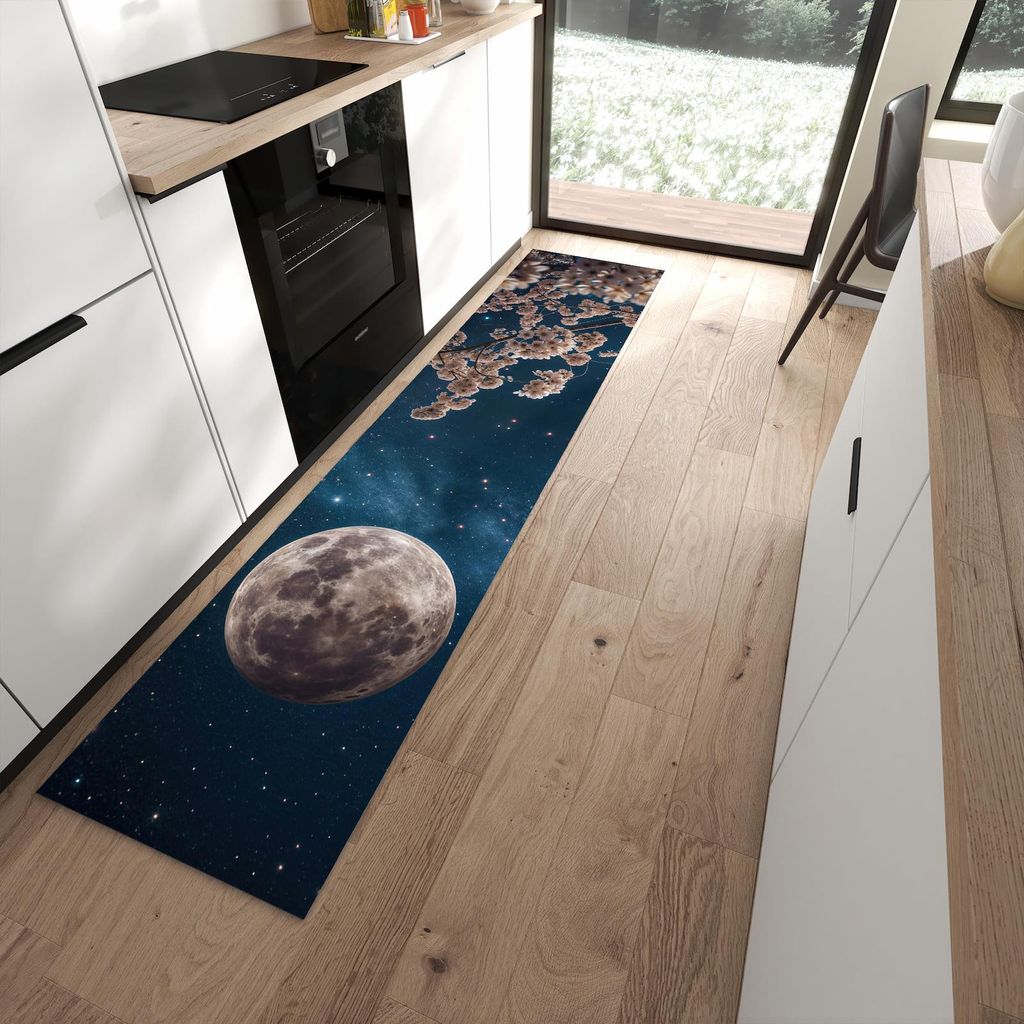 Küchenteppich 60x270cm rutschfest & abwischbar PVC Läufer - Mondblumen Nacht