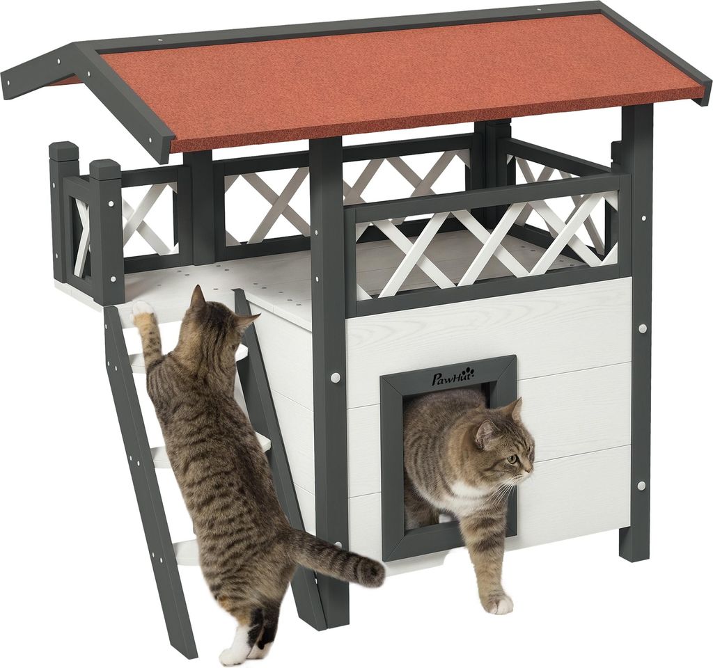 PawHut Katzenhaus mit Asphaltdach, 2-stöckig, Katzenhütte Produktbild 