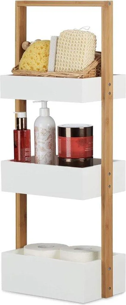 Étagère de salle de bain bambou robuste 3 étages Blanc et Naturel