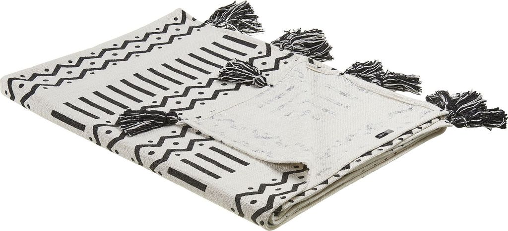 BELIANI Kuscheldecke Weiß / Schwarz Baumwolle 130 x 180 cm geometrisches Muster afrikanischer Print und Quasten für Bett Sofa Couch Sessel Wohnzi...