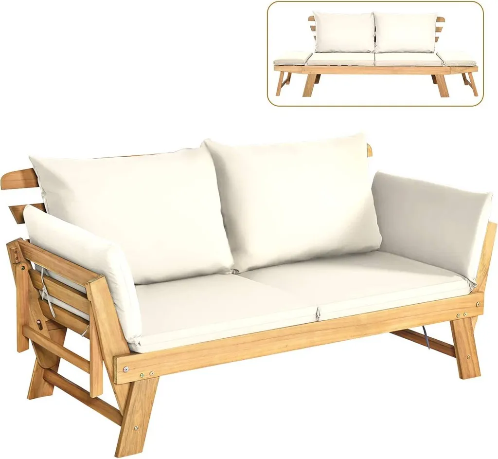 Canapé de jardin en acacia avec support et accoudoirs réglables blanc