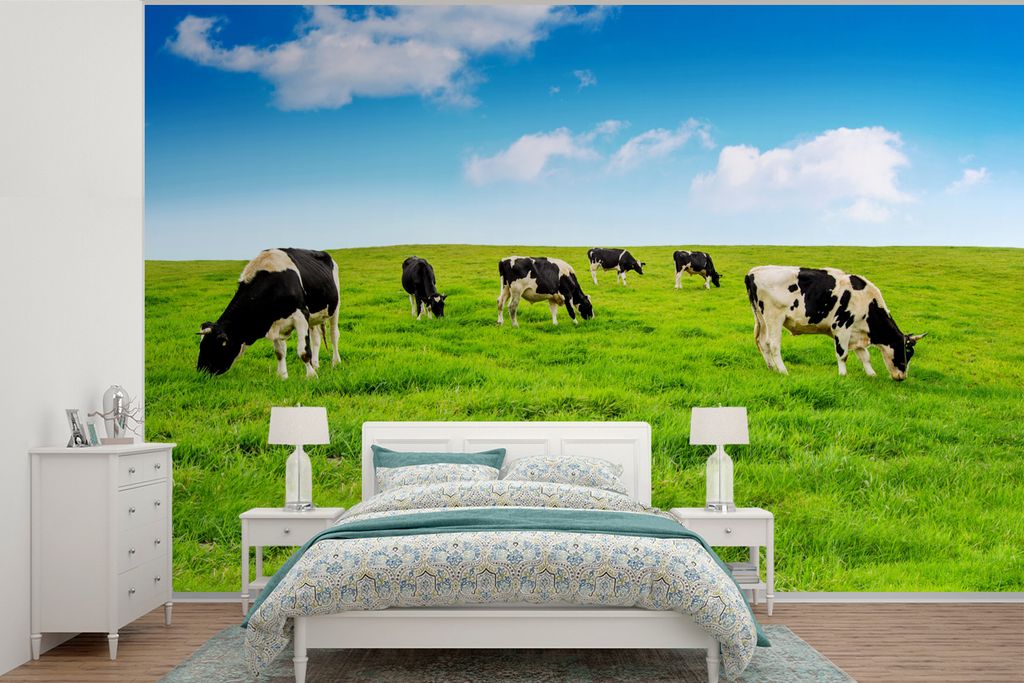 MuchoWow Fototapete für Wohnzimmer oder Schlafzimmer Wandtapete Vinyl Motivtapete Kuh - Gras - Himmel - 330x220 cm - Fototapeten