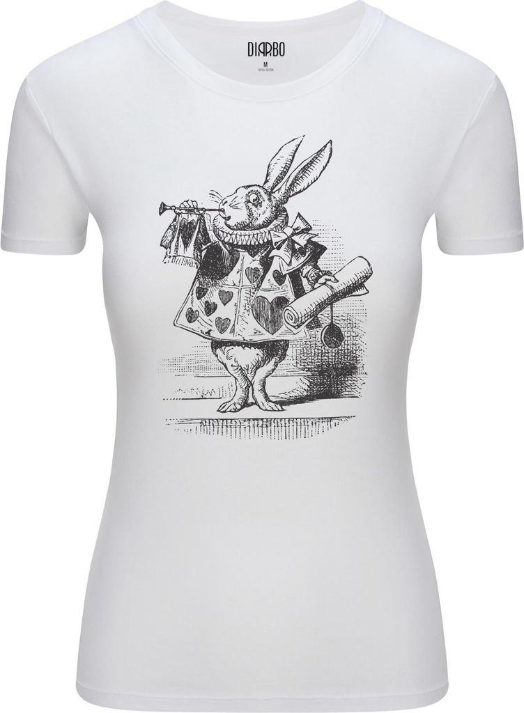 Diarbo Damen T-Shirt mit Alice im Wunderland Druck Weißes Kaninchen Weiß Gr.M