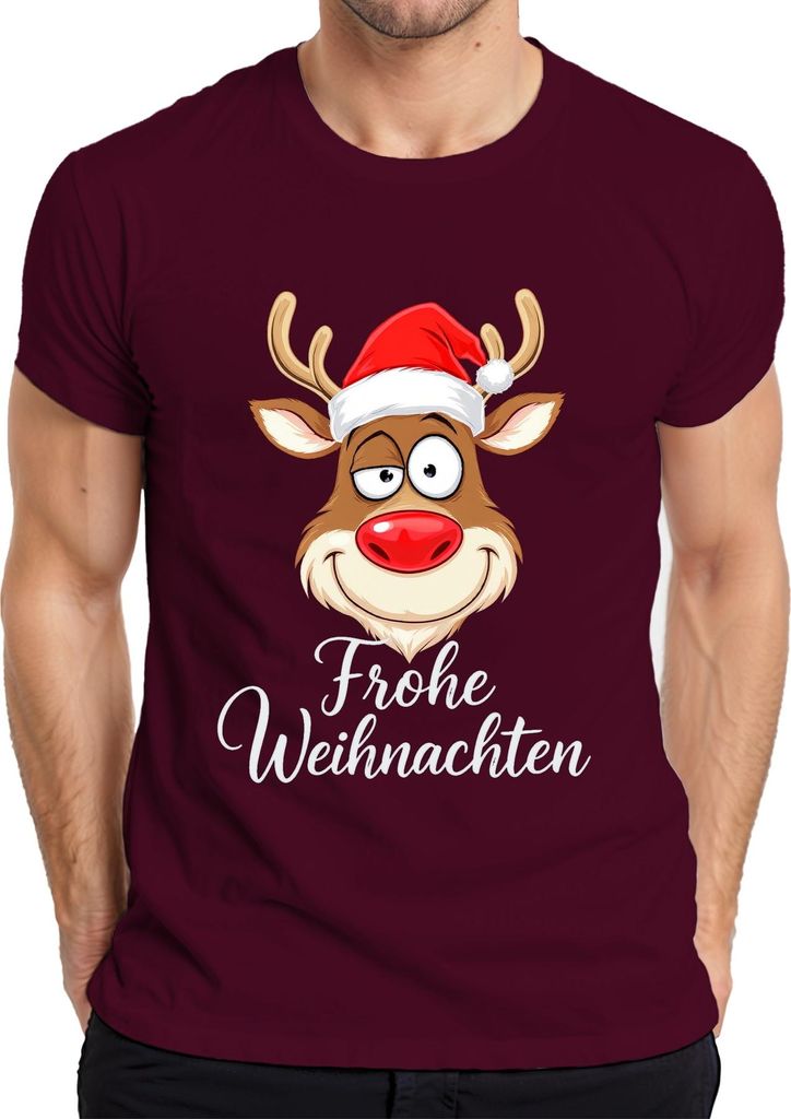 Frohe Weihnachten Rentier Rudolph Weihnachtsmütze Lustig Cartoon Herren T-Shirt, Burgundy, 3XL