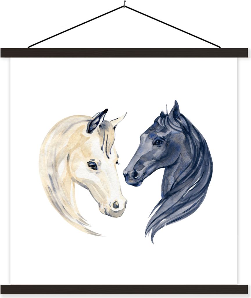 MuchoWow Textilposter Pferde - Aquarell - Schwarz - Mädchen - Kinder - Mädchen 40x40 cm mit schwarzem Rahmen - Fotos