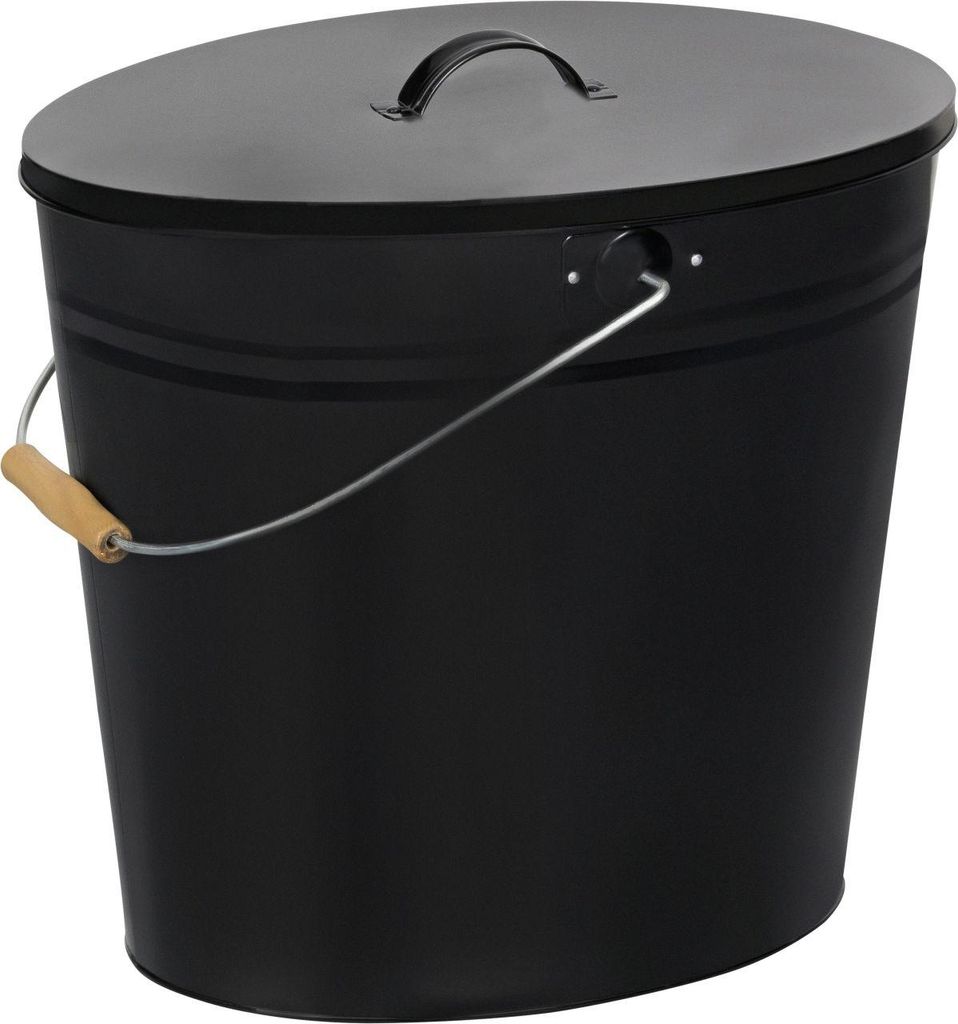 A black metal ash bucket with a lid and a wire handle with a wooden grip.