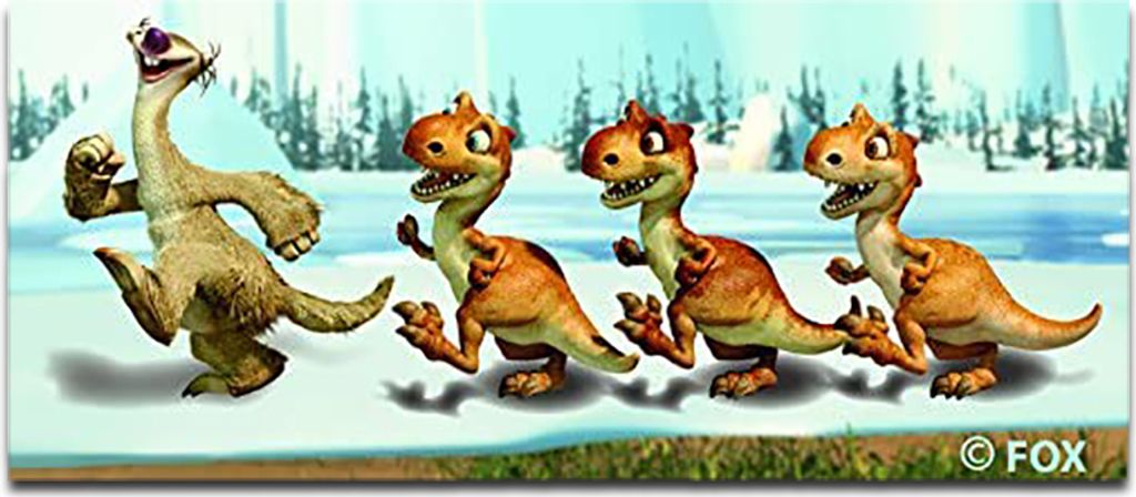 Ice Age Sid With Three Dinos - Aufnäher, Bügelbild, Aufbügler, Applikationen, Patches, Flicken, Größe: 7 x 3 cm