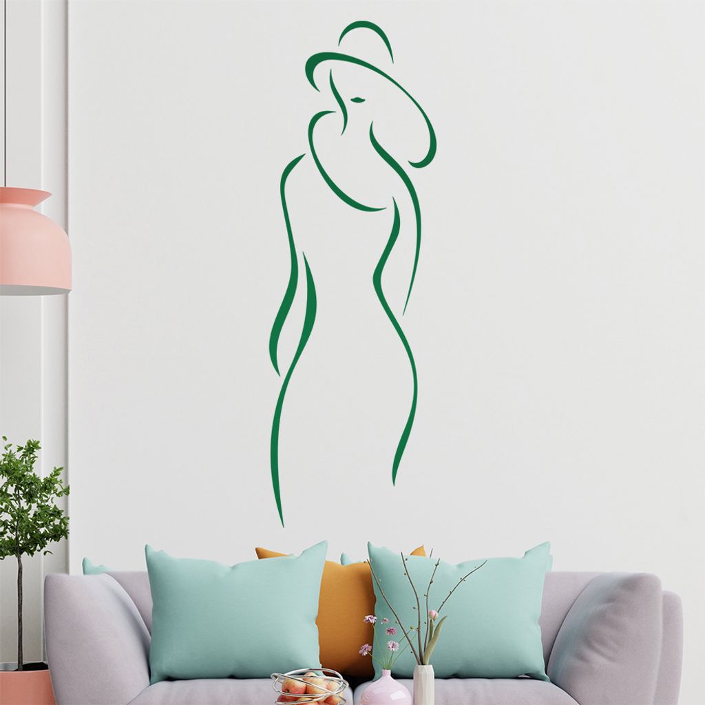 Dame mit Hut - Linien Wandtattoo in 6 Größen - Wandaufkleber Wall Sticker - Dekoration, Küche, Wohnzimmer, Schlafzimmer, Badezimmer