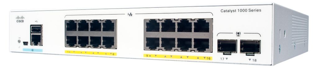 Cisco CAT1000L 18Port fixed managed L2 Switch: - 16x10/100/1000 Base-T (RJ45), PoE+ with 120W PoE budget, - 2x1GE SFP uplink Ports, internal PWR-AD...