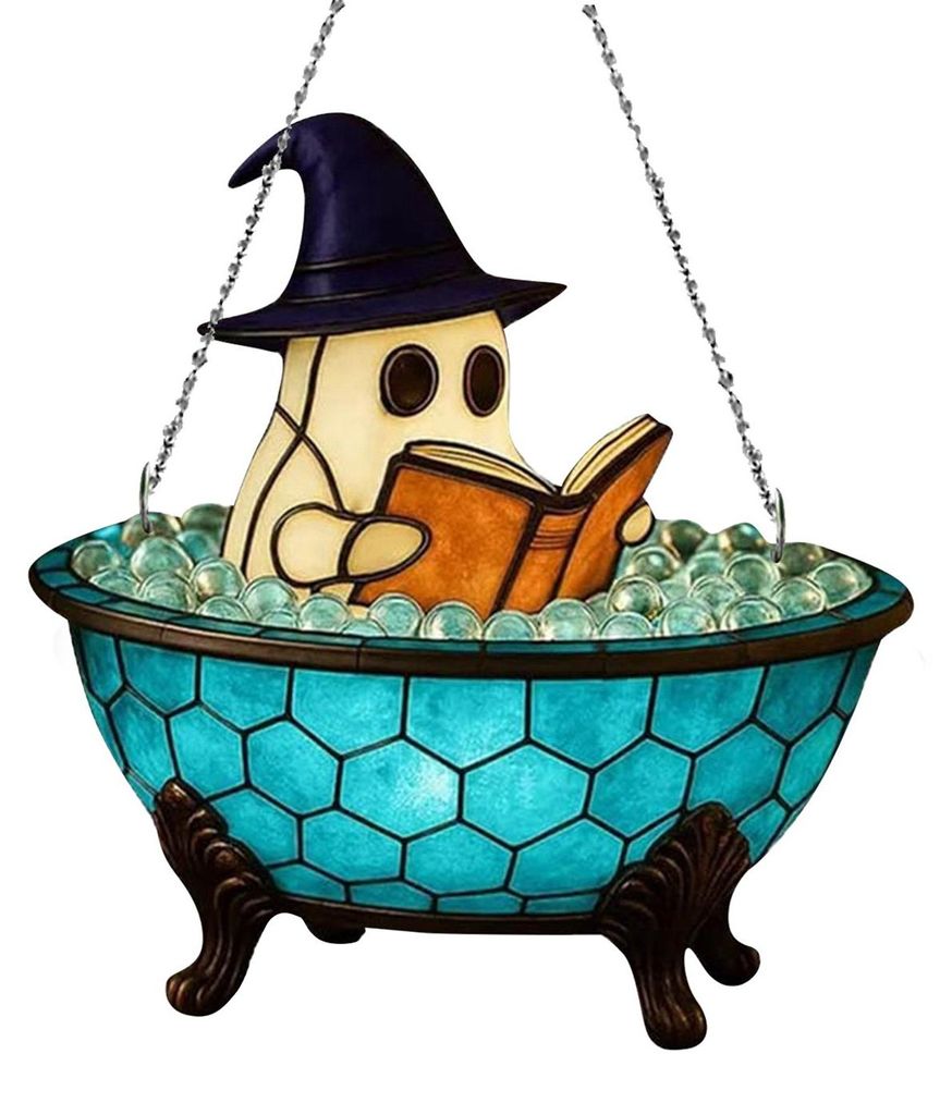 Halloween-Hängeschild mit Lesegeist, rundes Holzschild mit badendem Cartoon-Geist, für drinnen und draußen, Türhänger, Wanddekoration