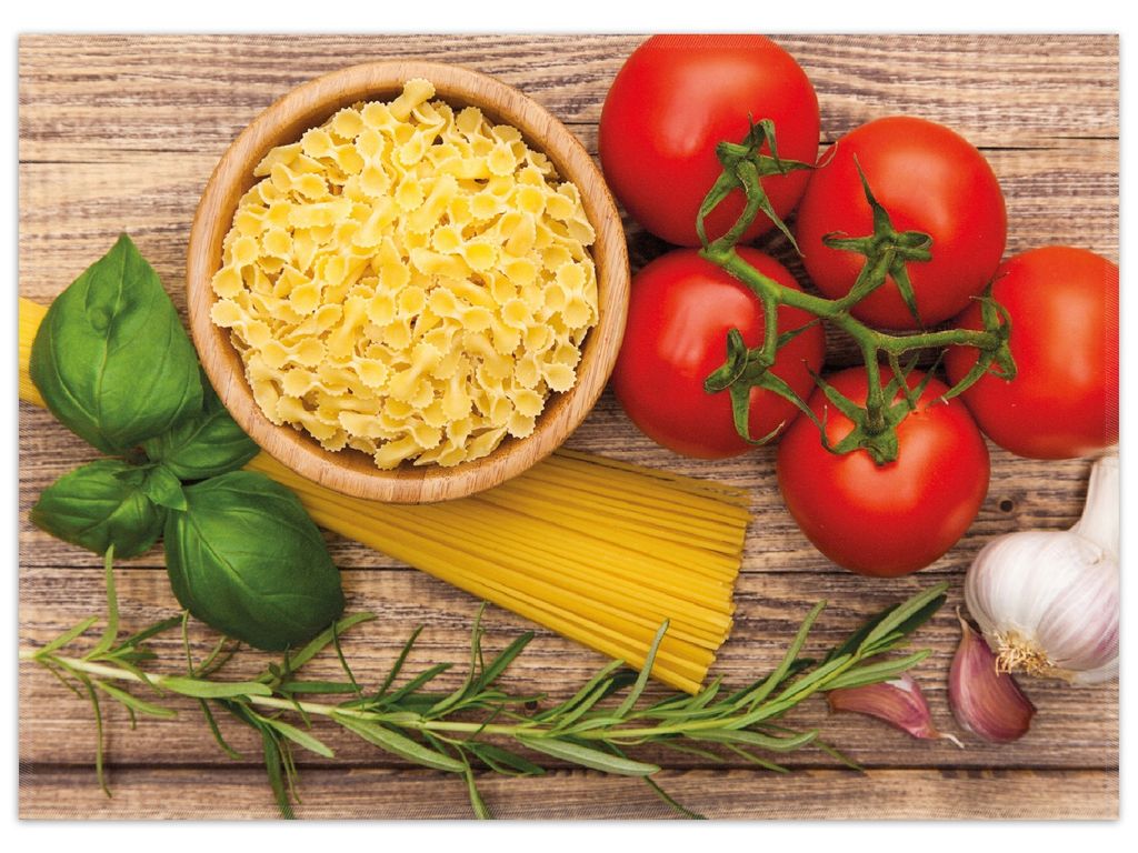 Wallario Premium Teppich, Größe 50 x 70 cm, Spaghetti mit Tomaten, Knoblauch und Basilikum