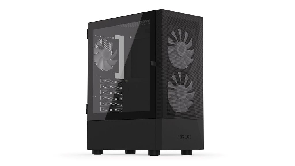 A black computer case with a glass side panel is shown against a white background.