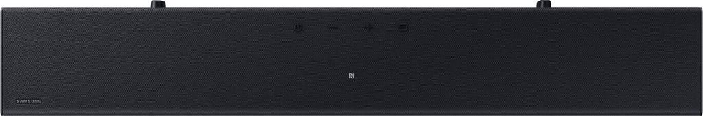 A black soundbar is shown against a black background.