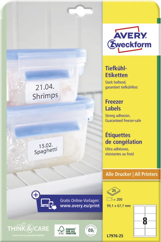 Avery Zweckform L7976-25 Etichette per congelatori, 99,1 x 67,7 mm, carta resistente al freddo, 25 fogli/200 etichette, bianco
