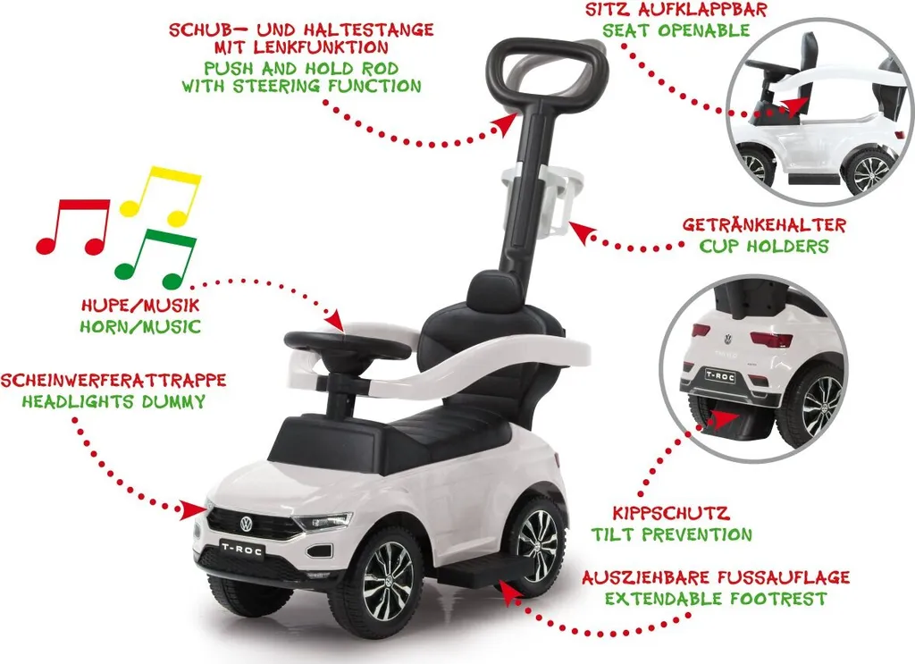 Porteur Bébé VW T-Roc Blanc 3-en-1 avec Canne Parentale Amovible
