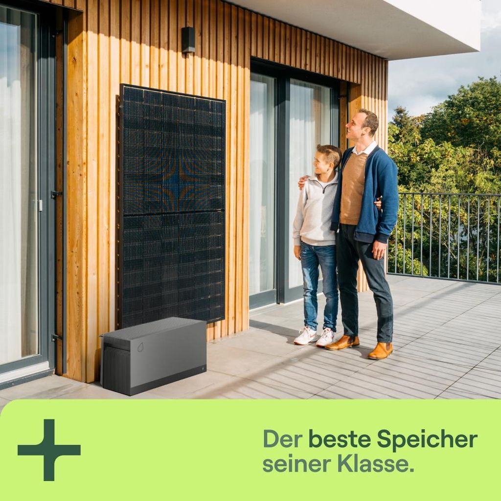 Balkonkraftwerk für Fassade mit 2 Modulen & Speicher Avocado Orbit M (8,44 kWh) - 5m Anschlusskabel - priWall 90° Duo