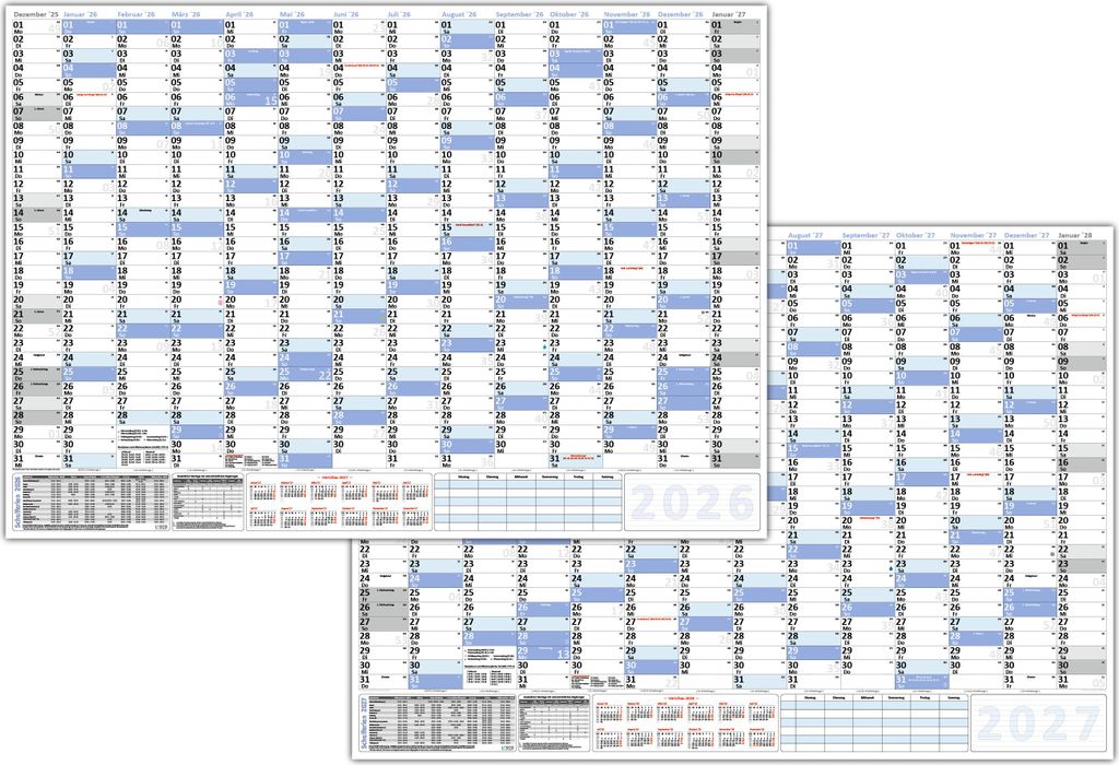 XXL Wandkalender 2026 + 2027 blau nass abwischbar Format 100 x 70cm Jahresplaner Wandplaner gerollt Kalender Feiertage aller Bundesländer