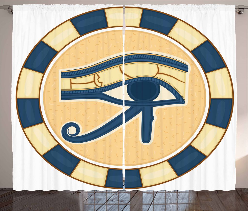 ABAKUHAUS Auge Rustikaler Gardine, ägyptische Form, Schlafzimmer Kräuselband Vorhang mit Schlaufen und Haken, 280 x 245 cm, Gelb Braun und Blau