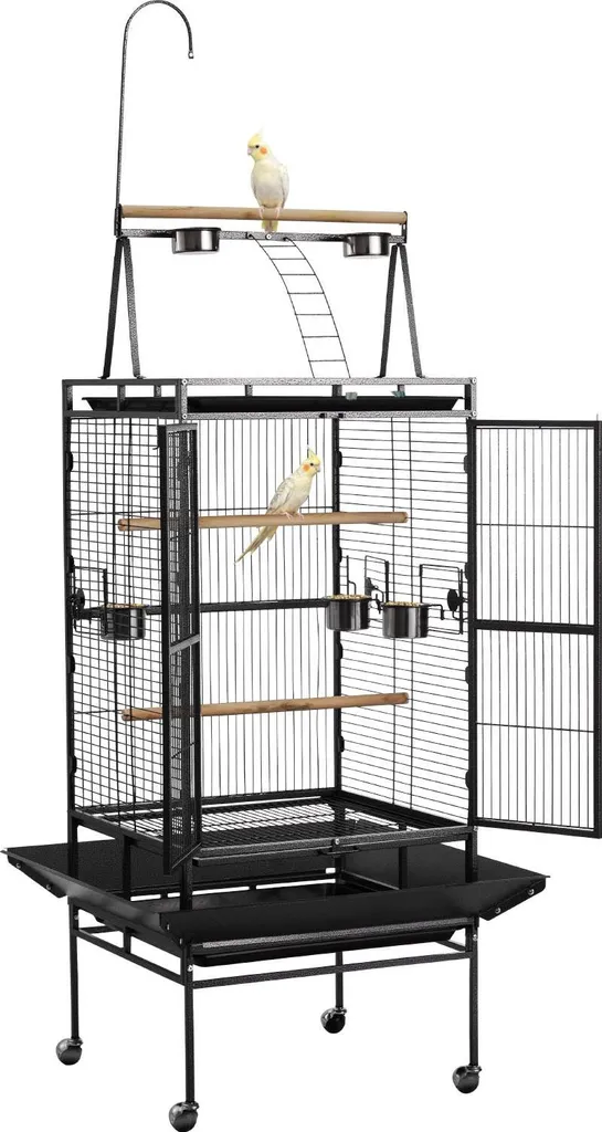 Cage Volière pour Perruches et Perroquets avec Toit Ouvrant Noir