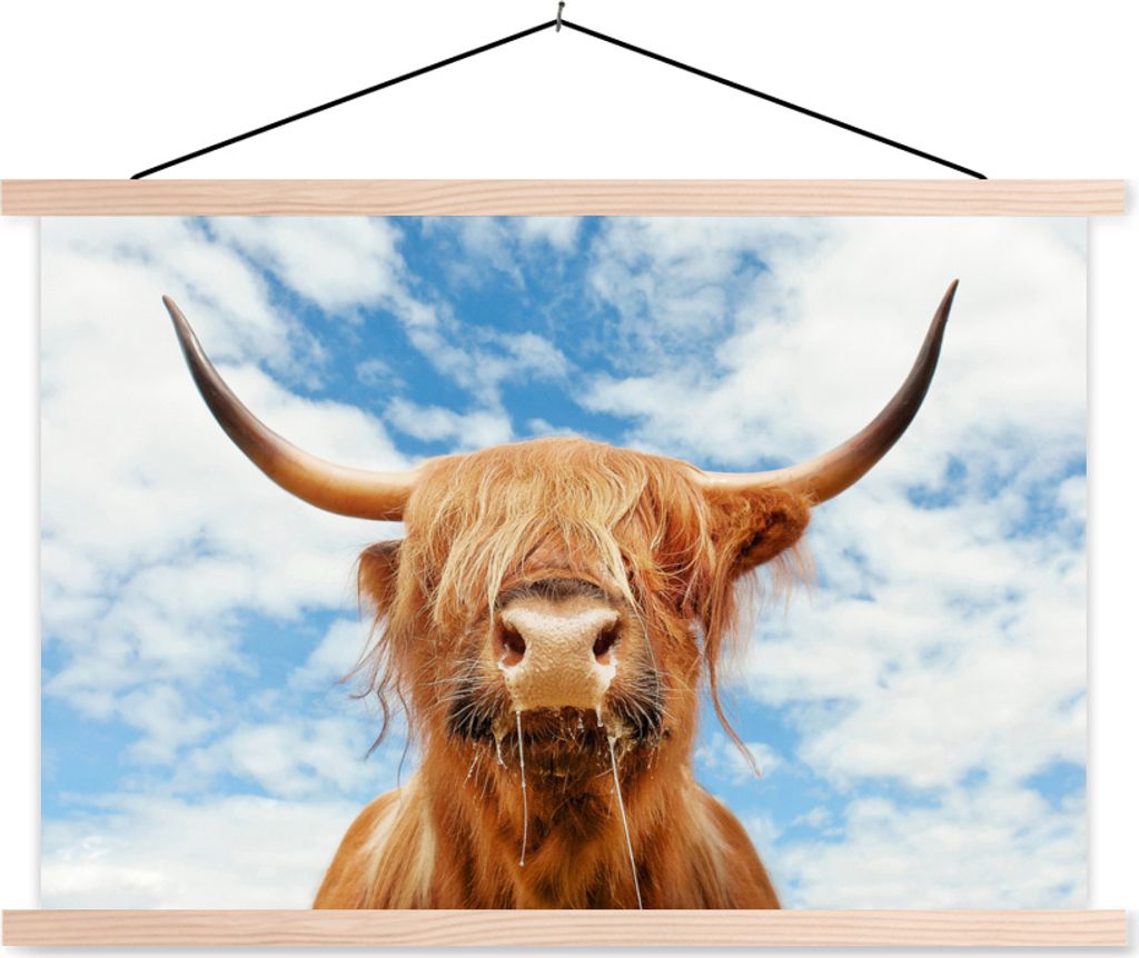 MuchoWow Textilposter Schottisches Hochlandrind - Kuhkopf - Hörner 120x80 cm mit holzfarbenen Rahmen - Aufhängeset