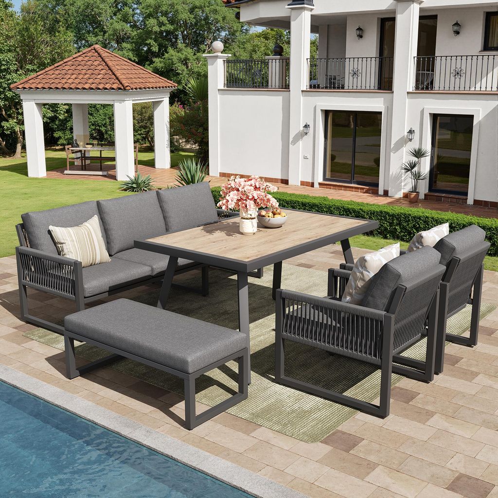 Gartensofa-Set, Gartenmöbelset für 7 Personen, Sitzgruppe mit Tisch, Hocker und Kissen, Balkonmöbel Set Aluminium Terassenmöbel Gartenlounge, Grau