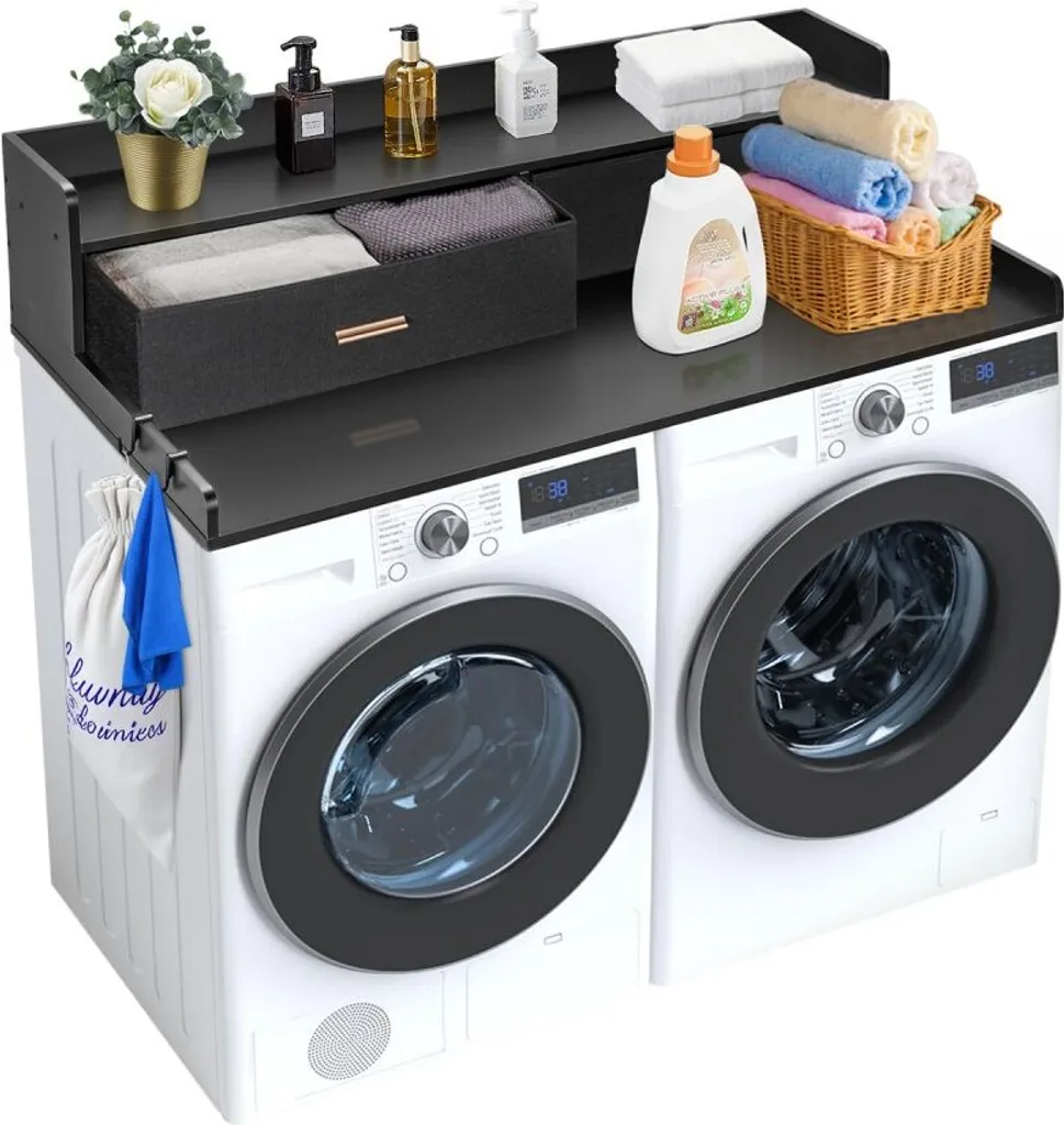 Support lave-linge double noir 137cm avec 2 tiroirs de rangement chic