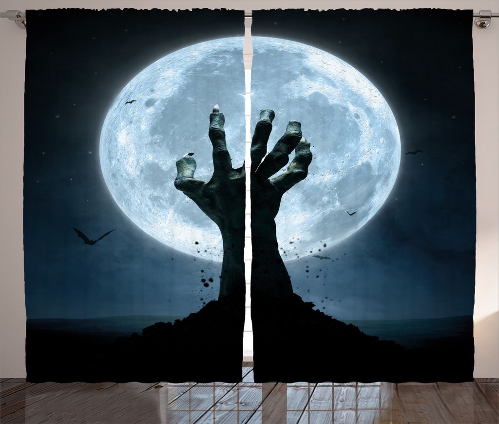 ABAKUHAUS Halloween Rustikaler Gardine, Zombie Grave, Schlafzimmer Kräuselband Vorhang mit Schlaufen und Haken, 280 x 175 cm, Blau Schwarz