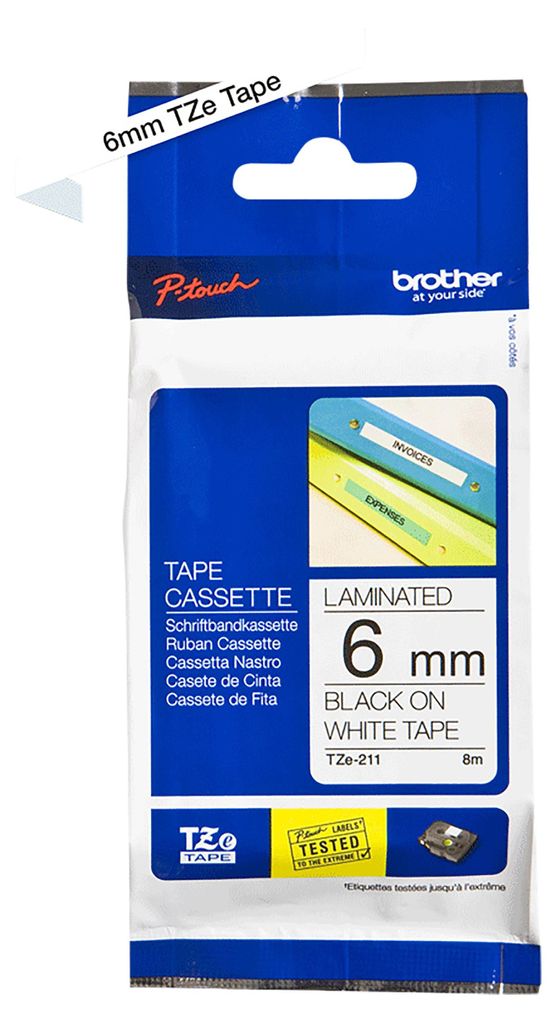 Taśma z napisami TZe-211 (lam.) czarna na białym WxL 6mm x Zdjęcie produktu 
