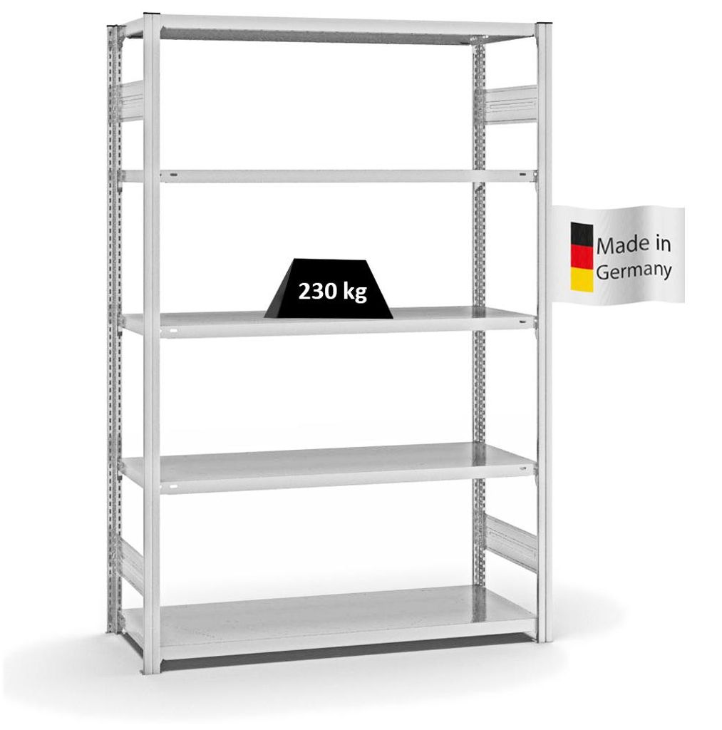 PROREGAL Fachbodenregal Stecksystem MAGNUS Germany | HxBxT 200x130x50cm | 5 Ebenen | Fachlast 230 kg | Beidseitig nutzbar | Lichtgrau