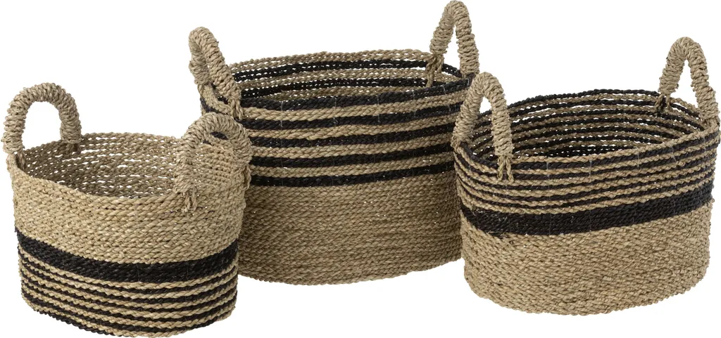J-Line Set de 3 Corbeilles Aline en Raffia Noir et Naturel - Design Chic