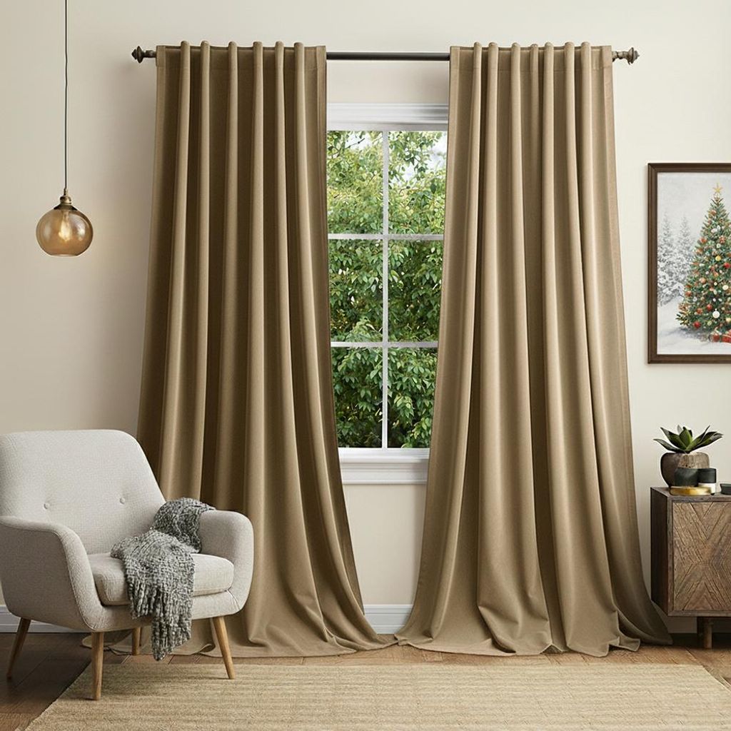 2er Set Samt Gardinen Vorhänge Beige Wohnzimmer Schlafzimmer Vorhang Blickdicht Kräuselband Verdunklungsvorhänge Blackout Curtain, 132*244cm